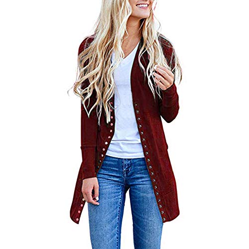 Womens Open Front Button Down Cardigan Sweater Ladies Solid Long Sleeve Plus Loose Coat