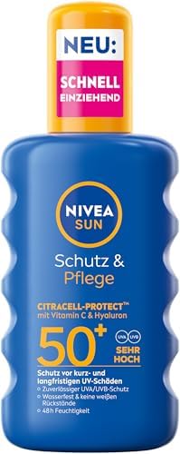 NIVEA SUN Protezione e cura Spray solare SPF 50+, impermeabile, con vitamina C e acido ialuronico, protezione solare ad assorbimento rapido per 48 ore di umidità (200 ml)
