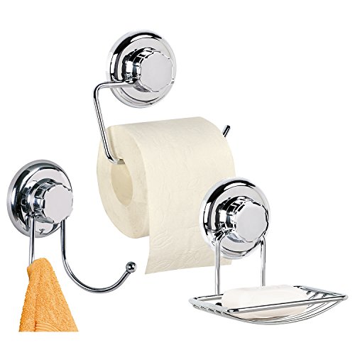 Preisvergleich Produktbild Tatkraft MegaLock Trio Bad Zubehör Set Toilettenpapierhalter / Seifenschale / Doppelhaken Badewanne Stahl Verchromt mit Saugnäpfen