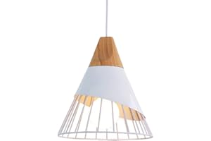 CHAO ZAN Moderne vintage Suspension Luminaire ,bois Plafonnier industriel Métal Blanc Lampes Suspendues abat-jour Forme de Cône Fer Cage éclairage pour salle à manger cuisine,couloir,Ampoule E27 non incluse