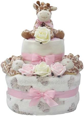 Giraffe Two Tier Baby Girl Pink Nappy Cake Baby Gift with FREE UK Delivery