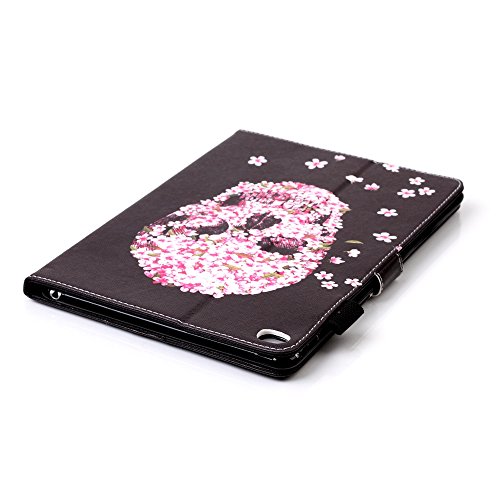 iPad Air 2/iPad 6 Leder Tasche Hülle,iPad Air 2/iPad 6 Leichter Wallet Kickstand Hülle,Herzzer Mode Hübsch [Blumen Schädel Gedruckt] Shockproof Kratzfest PU leder Mappen Geldbeutel Folio Abdeckung mit Karte Bargeld Schlitz Weiche TPU Innere Kasten Hülle Case für iPad Air 2/iPad 6 + 1 x Frei Schwarz Handy Halterung Ständer + 1 x Frei Schwarz Stift Stylus - 6
