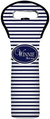 Personalised Cute Navy Blue Wine Tote Bag Striped Wine Tote Single Navy Geometric Wine Tote Insulated Christmas Wine Tote Reusable Neoprene Can Cooler Wine Tote for Women Wine Tote Handbag