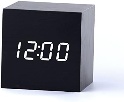Yihya Classic AAA/USB Wooden Alarm Clock, Fashion Digital Desk Clock with Thermometer Time LED Display Vioce Activated, Sound control Sensor Perfect for Home and Office --- Black - white light