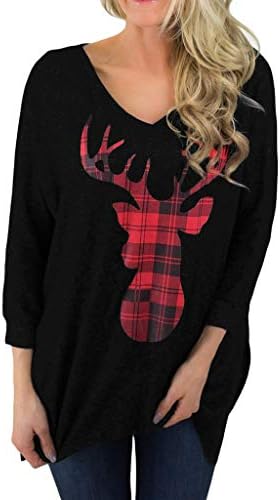 Kobay Womens Christmas Tops, Ladies' Xmas Plaid Casual Deer Print Long Sleeve Blouse Loose Shirt Pullover Gifts for Women Jumper