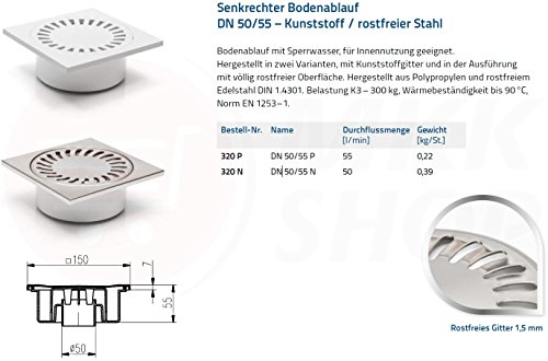 Senkrechter Bodenablauf edelstahl Duschablauf 150 x 150 mm DN 50/55 Badablauf Sperrwasser Siphon 50 – 55 l/min Belastung bis K3-300 kg - 2