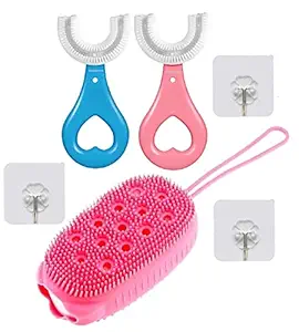 RUDRESHWAR 2 Pic.U Shaped Soft Silicone Baby Toothbrush for Kids, With 1 Pic. Bubble Bath Brush (Multi Color)