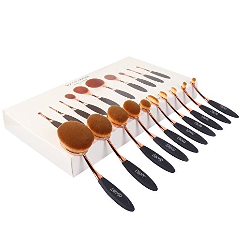 Cooling 10Pcs Professional Oval Toothbrush Design Make up Brushes Set Foundation Brushes Cream Contour Powder Blush Concealer Brush Makeup Cosmetics Tool Kit (Black+Gold)