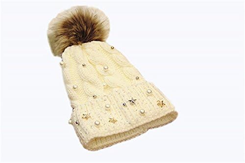 OSISDFWA Fashion Hats Winter Wool Hat Lady Ball Pearl Stone Wool Twist Cap White Knitted Hat
