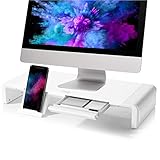 soporte escritorio monitor 32 pulgadas 【Diseño de almacenamiento pensativo】Este soporte está equipado con un cajón extraíble donde puede insertar cuadernos, bolígrafos, tarjetas y otros accesorios; También tiene soporte para teléfonos móviles y tabletas.