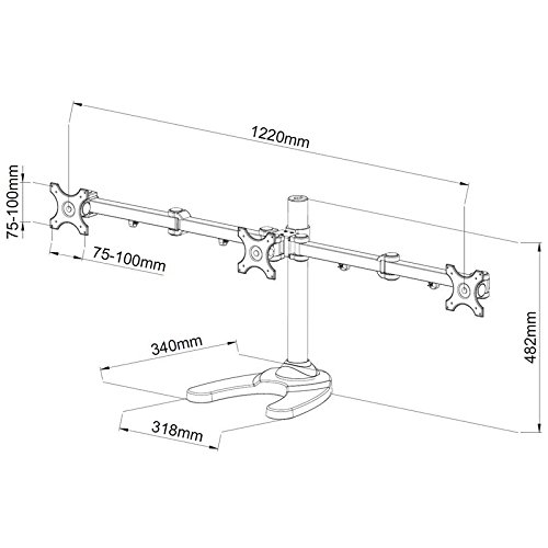 Monitor Tischhalterung mit Standfuß schwarz für drei Monitore ausziehbar 90° neigbar 360° drehbar für min. Vesa 50×50 bis max. Vesa 100×100 - 2