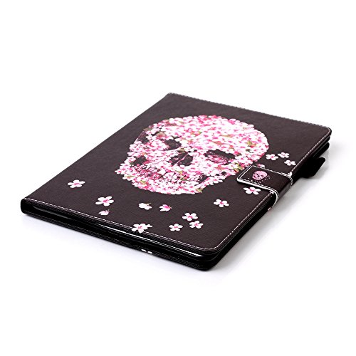 iPad Air 2/iPad 6 Leder Tasche Hülle,iPad Air 2/iPad 6 Leichter Wallet Kickstand Hülle,Herzzer Mode Hübsch [Blumen Schädel Gedruckt] Shockproof Kratzfest PU leder Mappen Geldbeutel Folio Abdeckung mit Karte Bargeld Schlitz Weiche TPU Innere Kasten Hülle Case für iPad Air 2/iPad 6 + 1 x Frei Schwarz Handy Halterung Ständer + 1 x Frei Schwarz Stift Stylus - 5