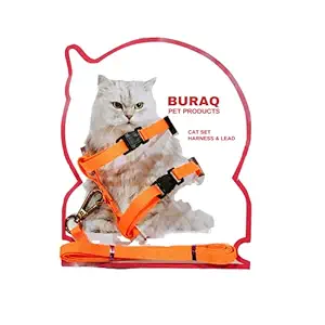 BURAQ Pets Nylon Leash with Full Body Harness Set for Cats Adjustable & Durable (Orange)