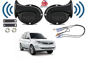 SHOP4U Square Shape Car Windtone Horn with Wire for Tata Safari Storme (Set of 2 Horn with Wire, Black)