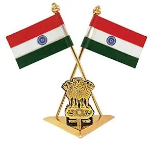 ZAHEPA Indian Flag for Car Dashboard & Interior Desk Decoration / Office Table Decoration have Satyamev Jayate Symbol in Triangle Shape Stand with Gold Plated Metal Base for Independence Day & Republic Day Gifts