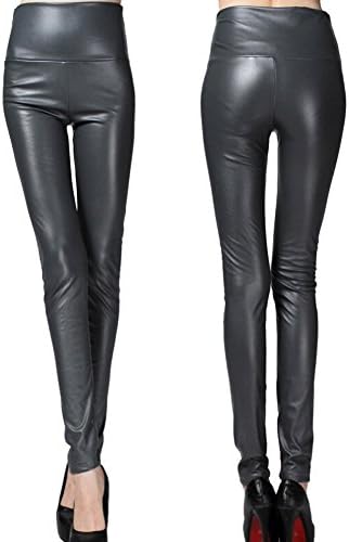 Angcoco Womens High Waisted PU Leather Fleece Skinny Leggings Trousers Pants