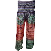 Boho Chic Womens Hippie Yoga Pants Harem Pants, Smocked Waist Festival Stripe Designs Trouser Small