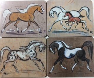 set of four melamine placemats palomino, mare and foal, appaloosa, black and white
