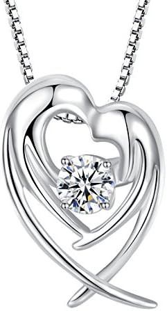 Sterling Silver Heart Shape Angel Wing with Cubic Zirconia Pendant Necklace for Women and Girls, 46cm Box Chain - sy066n1