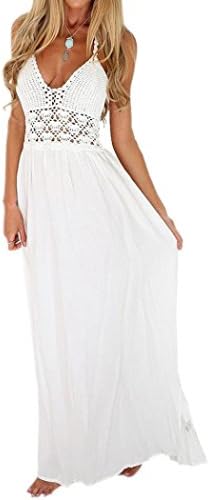BA Zha Women Beach Crochet Backless Bohemian Halterneck Evening Party Maxi Long Dress (M, White)