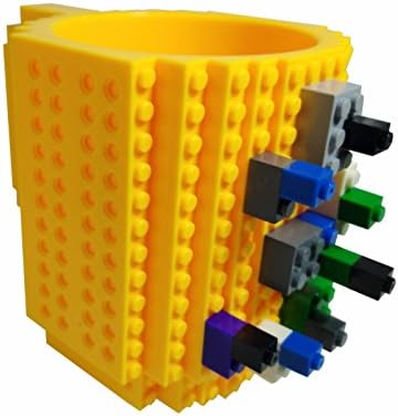 BPA-Free12 - DIY Block Puzzle Mug for kids Christmas Gift/Build-On Brick Mug Lego Type Building Blocks Coffee Cup (Yellow)