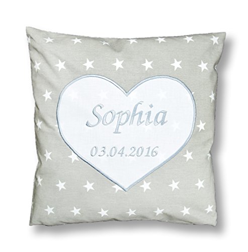 Amilian® Kissen 40 x 40 cm mit Namen Datum Sternchen Grau/ HERZ weiß