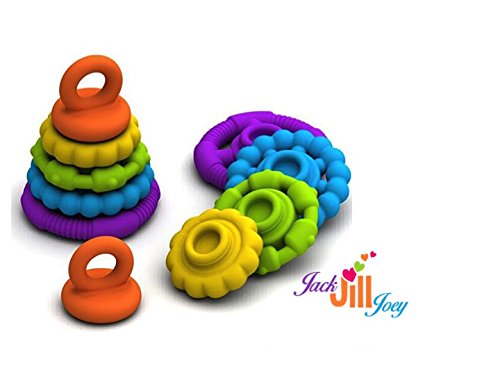 5 Piece Teething Tower Stackable Silicone Rings for Baby's Sore Gums Promote Fine Motor Skills in Ages 3 Months and Up