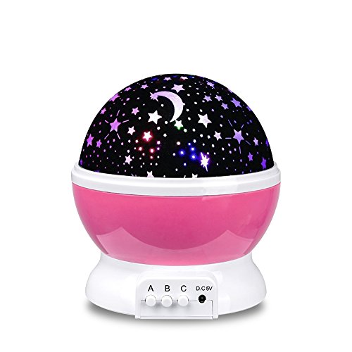 Luz de Bebé VOSMEP Luz del Proyector Lámpara de Proyección Luz de la Noche del Bebé 360 Grados Rotatable 3 Modo de la Estrella y Luna Luz Nocturna del USB / Batería para Niños, Bebés, Regalos de la Navidad, Cuarto, Cuarto de los Niños, Boda, Cumpleaños, Fiestas (Rosa) SH33