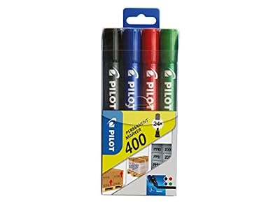 Pilot Permanent Marker 400 Set de 4 Marqueurs pointe biseautée large Noir/Bleu/Rouge/Vert