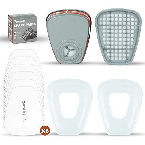 Set de Cartuchos y Filtros para Mascarilla Anti Polvo RHINO x2 Cartuchos, x6 Filtros x2 Protectores Compatibles con 3M y Otras Filtro Particulado, Semi Máscara Antigas, Protección Respiratoria