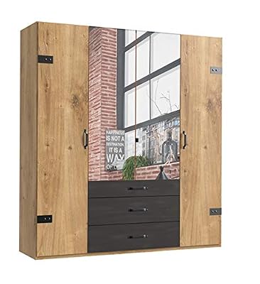 PEGANE Armoire avec Miroir 4 Portes Imitation chêne Poutre rechampis raw Steel - L200 x H216 x P58 cm