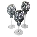 Maße: H40/35/30cm Mojawo 3er Set Glas-Kelch Windlicht Set H40/35/30cm Silbergrau in Waben-Optik Kerzenleuchter Kerzenständer Kerzenhalter