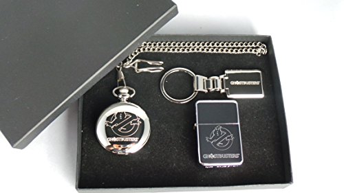 Preisvergleich Produktbild Ghostbusters, GPO Group Exklusives Geschenkset versilbert, Ghostbusters Logo Maurer von London, Half Hunter Taschenuhr, Ghostbusters Logo Feuerzeug aus poliertem Metall und versilbertem Ghostbusters Schlüsselanhänger in Geschenkbox