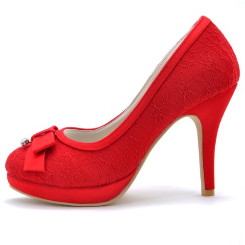 ElegantPark EL-003-PF Women Round Toe Pumps Bow Diamond Platform Lace Ladies Wedding Court Shoes Red UK 8
