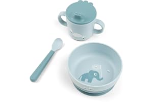 Done by Deer Foodie first meal Elphee Blue Tableware Set - Practical Children's Tableware - Baby Spoon, Bowl with Suction Cup and Drinking Cup, 100% Food Grade PP with Non-Slip TPE