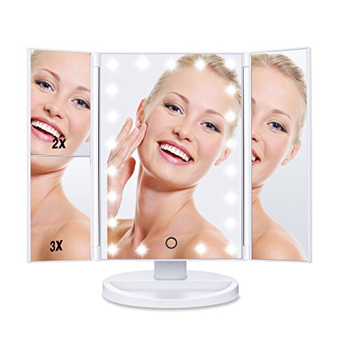 [Regalo] HAMSWAN Espejo de Maquillaje Tríptico de Pantalla Táctil con Aumentos 1x, 2x, 3x y Iluminacíon 21 Led Carga con USB o Batería Ajustable 180º Plegable Espejos Cosmético Espejos Maquillaje