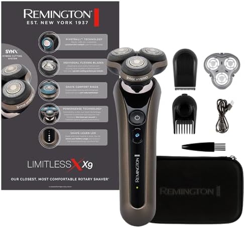 Remington, Rasoio elettrico barba, Uomo, con testine rotanti flessibili X9 Limitless, Wet & Dry, ShaveLearn,tecnologia SynX Hybrid, accessorio Rifinitore, Cordless, USB, XR1795
