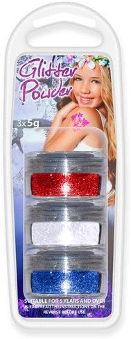 3 Pots Of Large 5 Gram Cosmetic Grade Glitter Powders, Ideal For Glitter Tattoos &amp; Body Art. Red, White and Blue Selection