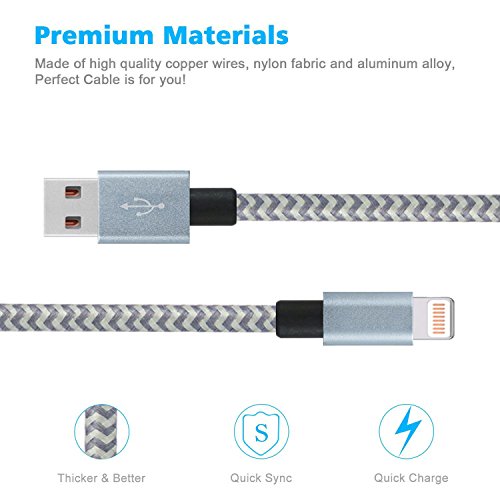 PeziMu iPhone Kabel Nylon, Geflochtenen USB Kabel für iPhone7 / 7plus / 6s / 6 plus, iPhone SE, iPhone 5s 5c 5, iPad, iPod – (1+2+3)M (Grau Weiß) - 3