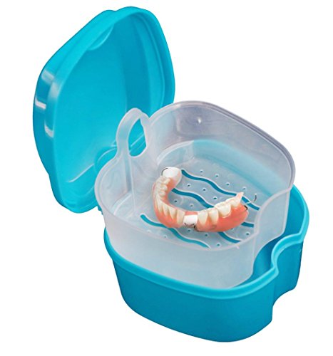 Oyedens Dentadura caja de baño caja Dental caja de almacenamiento de dientes falsos con contenedor de red colgante (A)