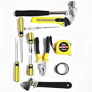 J - GO THE BUSINESS HUB Home Professional Hardware Hand Tool Kit ||11 Pcs tools set || for Emergency Uses, Screwdriver, Hammer, Measuring Tape, Wrenches, Cutter and Pliers All Kit Set[Yellow & Silver]