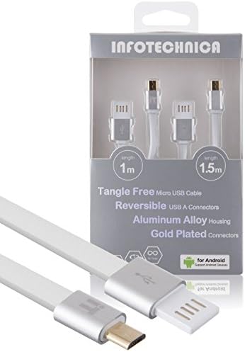 InfoTechnica [2-Pack] Exquisite Premium 1M(3.3ft) &amp; 1.5M(5ft) Micro USB Cable Pack High Speed Tangle Free Reversible USB 2.0 A Male to Micro B with Aluminium Alloy shell and Gold-Plated Connectors Sync and Charge Android, Samsung, HTC, LG, Nokia, BlackBerry, Sony and many more devices with micro-USB charging socket. (White &amp; Silver)