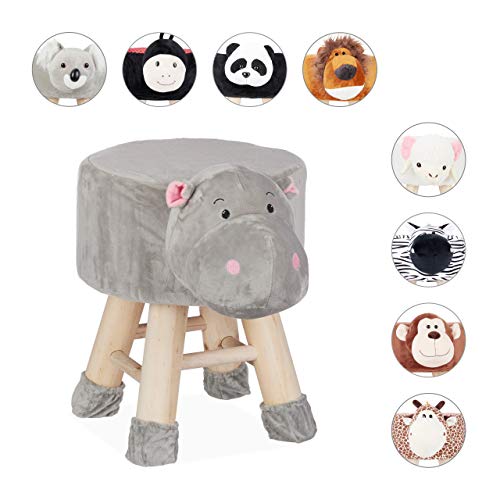 Preisvergleich Produktbild Relaxdays Tierhocker Nilpferd, Dekohocker für Kinder, Abnehmbarer Bezug, Holzbeine, gepolstert, Kinderhocker Tiere, grau