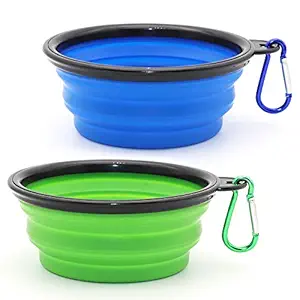 Collapsible Dog Bowl, 2 Pack Collapsible Dog Water Bowls for Cats Dogs, Portable Pet Feeding Watering Dish for Walking Parking Traveling with 2 Carabiners (Small, Blue+Green)