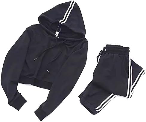 chastep Women Outfits 2 Piece Sets Gym Tracksuit Set Long Sleeve Stripe Hoodie Sweatshirt For Dating, Shopping, Running, Training, Exercise, Casual, Party, Sports Size L Black