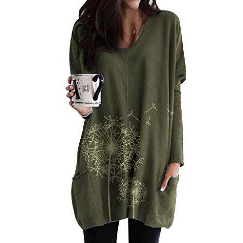 SANFASHIONPull Robe Femme T-Shirt Long Imprime Chat Papillon Pissenlit Pullover Manches Longues Tops Col Ronde Blouse Poche Shirt Grande Taille Loose Chic Simple