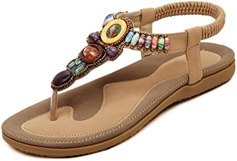 NIUERTE Women's A5 Summer Beach Post Sandals Shoes Elastic T-Strap Flats Bohemia Roman Sandals Apricot 8.5 UK