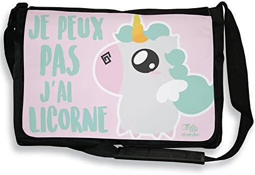 Fluffy chamalow "Je Peux Pas J'Ai Licorne" Shoulder Bag Pink and Blue Pastel Chibi and Kawaii, Black, 36