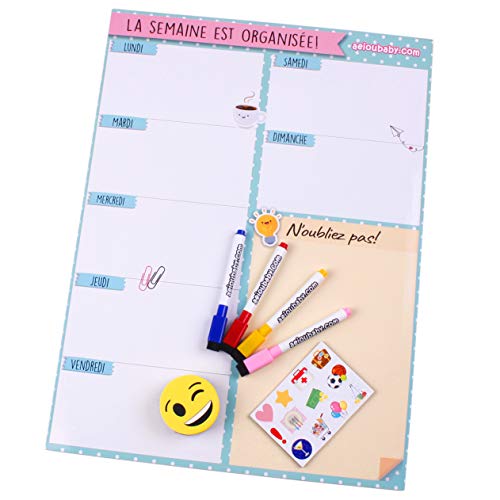 aeioubaby.com Planning de la Semaine Magnétique, 4 Feutres de Couleur, 12 Aimants, 1 Effaceur | Calendrier Frigo Français 43x32cm Tableau Cuisine Organiseur Rappel Liste de Courses Menu Boîte Cadeau