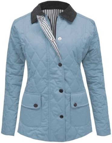 Amber Apparel Ladies Quilted Padded Button Zip Jacket Coat Top Sky Blue 8